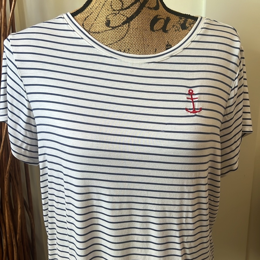 Britny Cream and Blue Striped Short Sleeve Tee W/Red Anchor On The Chest